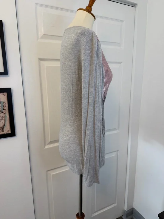 Cache Y2K Sequined Scoop Neck Long Sleeve Top - Pink & Gray - Picture 4 of 13